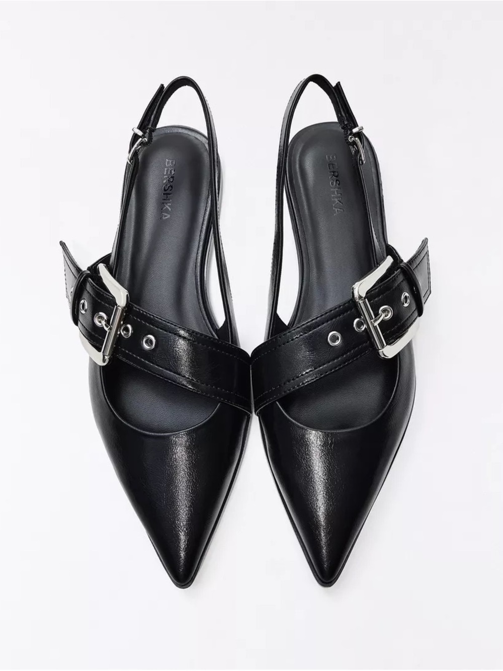 Bershka Black Pointed Slingback Ballet Flats with Silver Buckle Detail